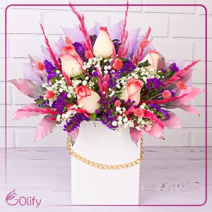 باکس گل رز صورتی 5 شاخه